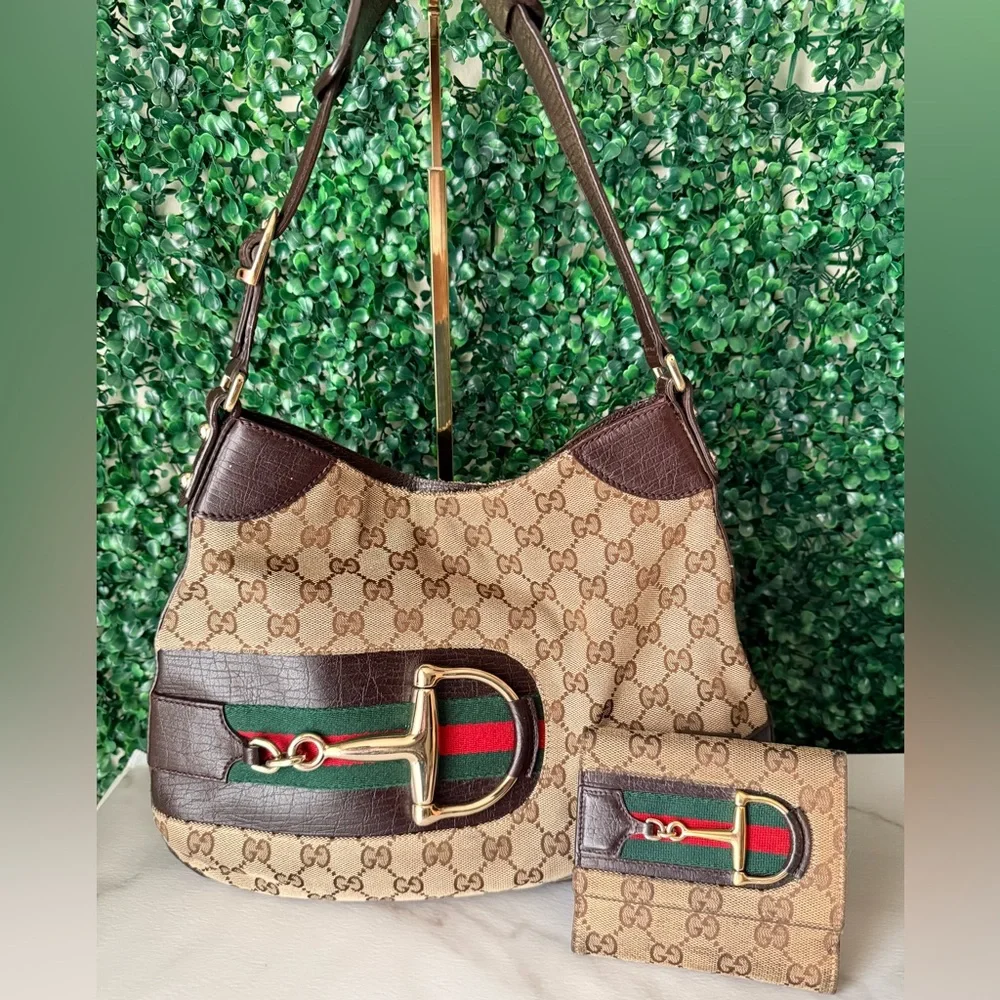 Gucci Horsebit Monogram Brown and Tan Shoulder Hobo Bag with Wallet Bundle